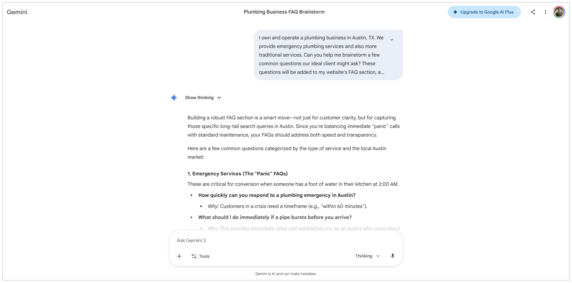 Example prompt for FAQ ideas